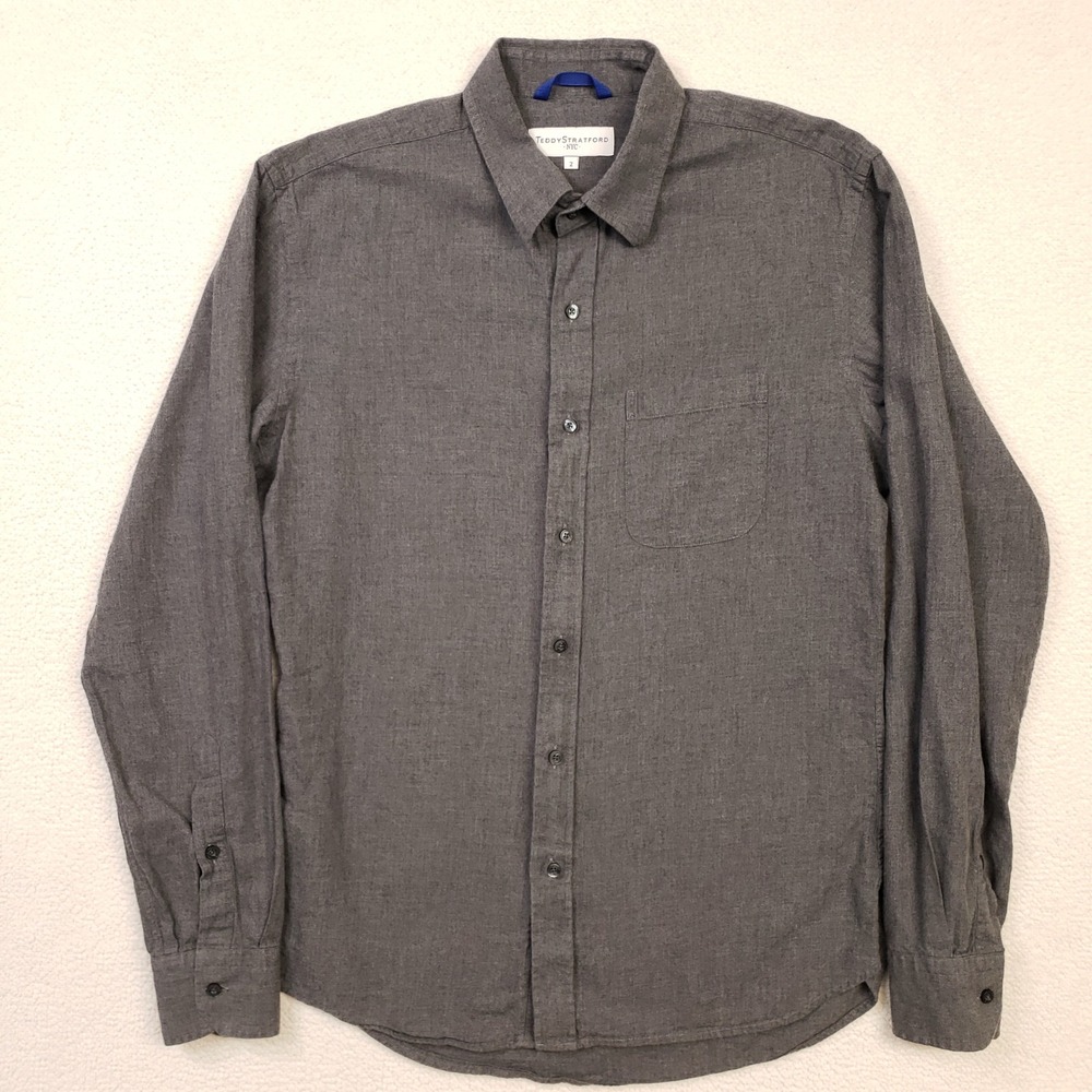 Teddy Stratford Button Up Mens Size 2 Gray Cotton Long Sleeve Hidden Zip Shirt